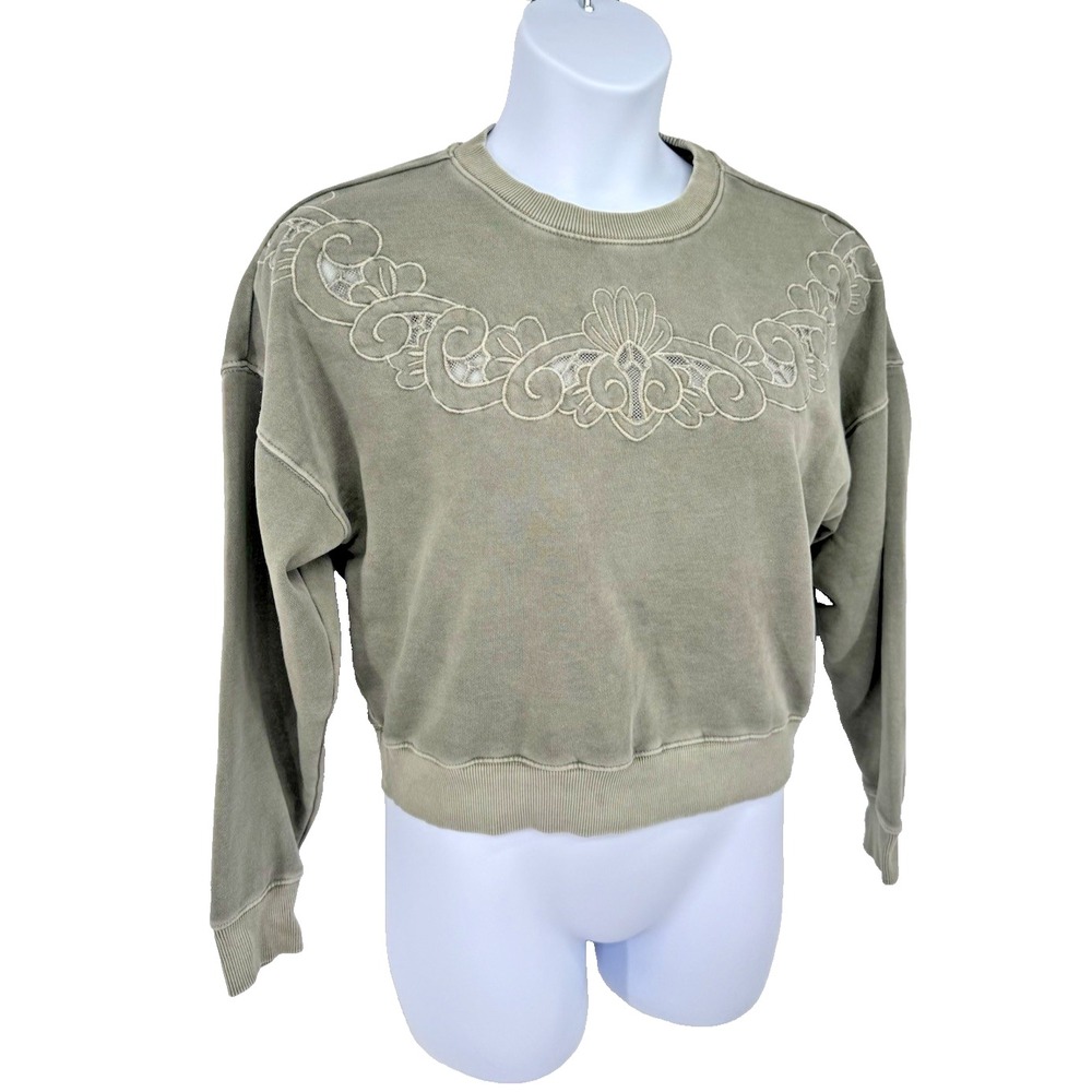 American Eagle Sweatshirt Womens S Green Floral Embroidered Faded Distressed